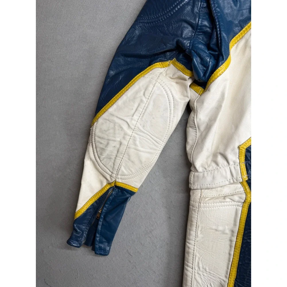 Vintage Leather Motorcycle Racing Suit Blue White Yellow handmade Jumpsuit